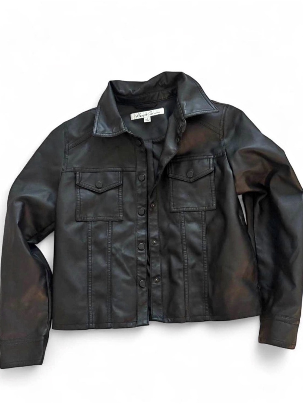 Kenneth Cole Black Faux Leather Button-Front Jacket Women Sz Small